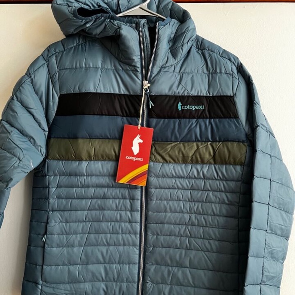 New Cotopaxi Women's Fuego Down hooded Jacket Denim Stripes- 800 fill NWT Sz M